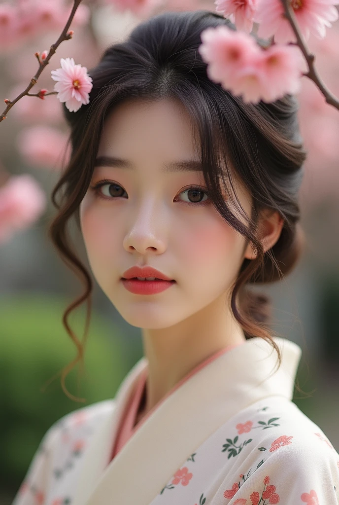 An elegantly dressed Japanese woman in natural light、A close-up of her chest and calm expression.、She is demonstrating both inner peace and outer charm.