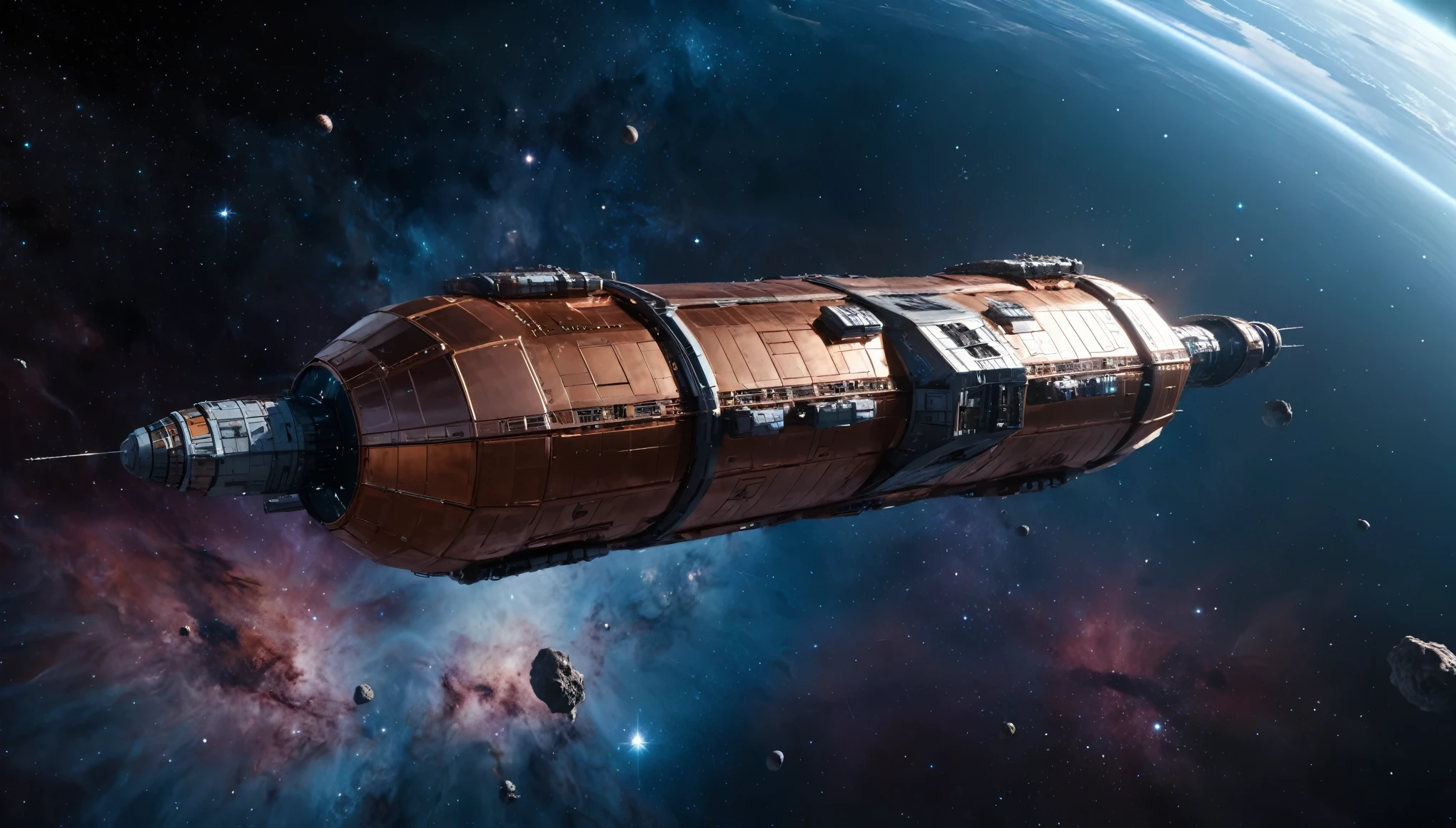An awe-inspiring cinematic 3D render of a massive, shiny copper space cargo ship, floating in the depths of space. The ship hasfour giant engines at the end of its arms, jutting out like a spider's legs. The background is a vast, starry expanse, with galaxies and nebulas visible in the distance. The overall atmosphere of the image is a mix of wonder and mystery, with vibrant colors and super high definition., photo, 3d render, cinematicLess