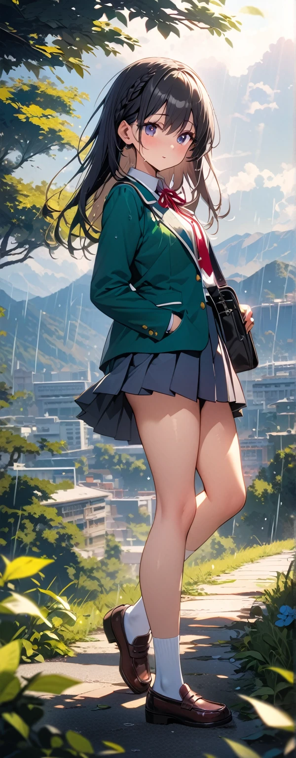 15 years old, (beautiful girl: 1.3),1girl,masterpiece, Highest quality, Ultra-high resolution,Rich contrast,super high quality,8k,Highly detailed CG unit wallpaper,Ultra-high resolution,RAW Photos, Depth of Field 1.2,overlooking,(magnificent panorama view:1.3),(High School Uniform&Pleated skirt:1.5),Black Hair,Crown braid,Ultra-detailed eyes,loafers,leaves dripping with rain,sunlight through trees,post-rain aroma