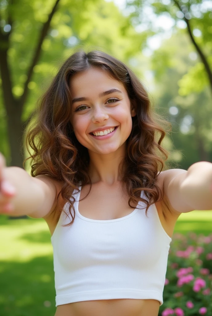 Girl with curly brown hair, pale skin, extremely thick lips, large breasts, white tank top, arms up, taking selfie