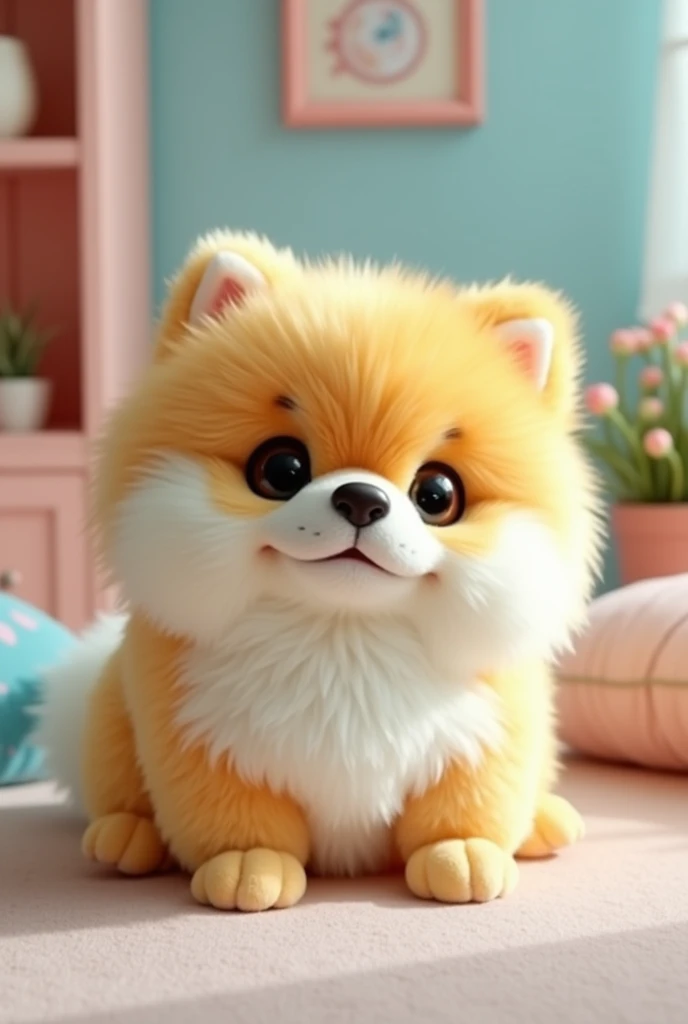 Pomeranian plush。Facing forward。Yellow and light blue。