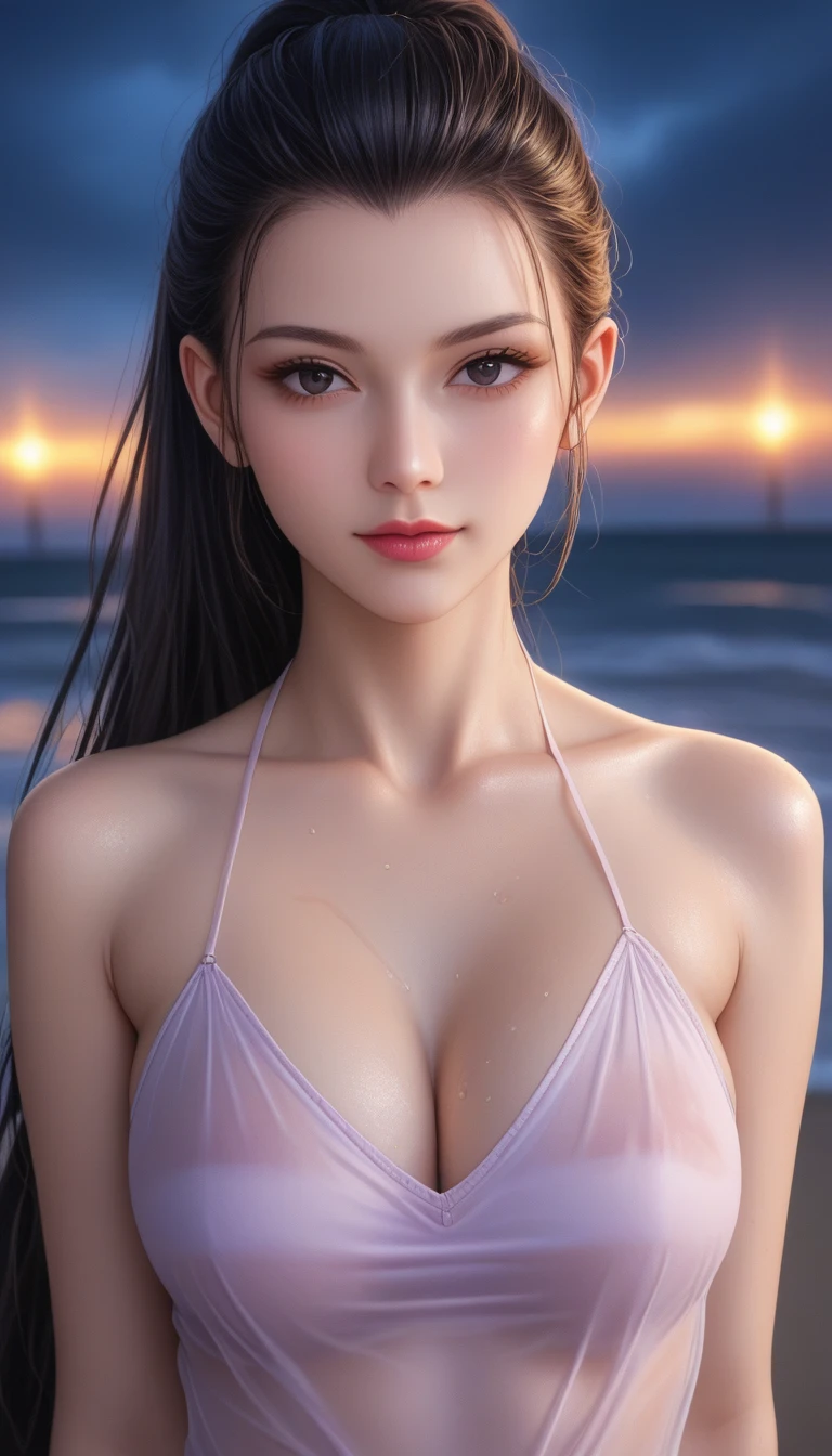 score_9, score_8_superior, score_7_superior, High-resolution CG illustration,A masterpiece in 32K resolution,Highest quality,it is really amazing,Very detailed,Ultra-high resolution,Ultra-realistic,Realistic,Increased depth of field,Cinematic lighting,
Sexy mature Japan woman,
Glossy black hair,Straight Long Hair,Showing his forehead,god々Beautiful,Ultra-detailed and beautiful face,Sensual look,Beautiful dark brown, moist eyes,Pitch black eyes,Glowing, moisturized skin,Translucent white skin,born々New skin texture,Wet body,Great proportions,
Sexy summer resort dress,
Design with a deep slit,Pastel-toned chic color scheme,詳細なborn地の質感,
A dark and blurry night background,Dark overcast sky on a dull night,Dark clouds filling the sky,Thundercloud,Coastline at night,Stormy seas,delay々A desolate sandy beach that continues,
Cinematic Angle,