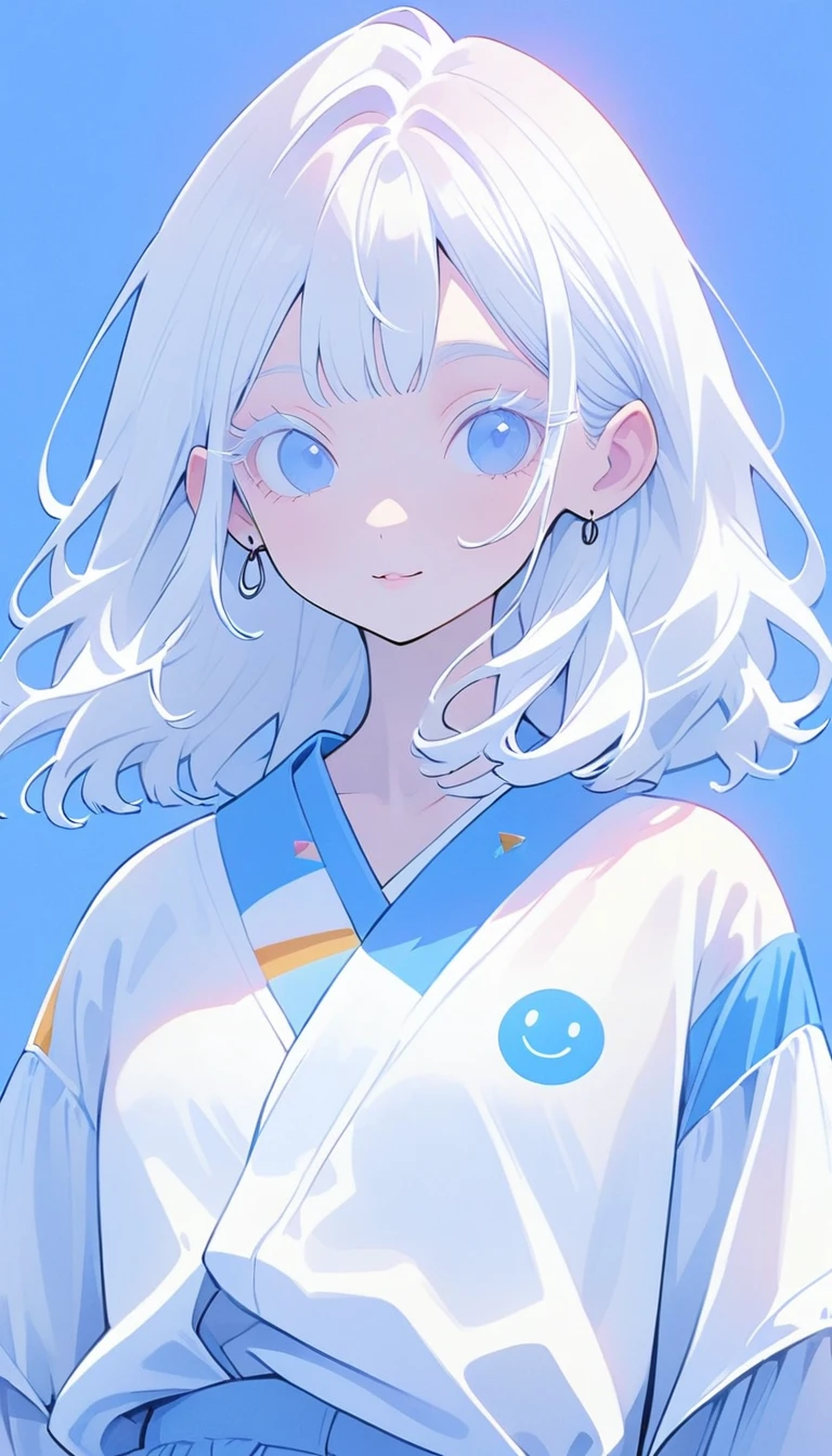 The Minimalists,Fashion Girl,White hair,Blue Background,No earrings on the ears,Bohemian style,Clear lashes,Bright blue eyes,Clean通透的眼珠,closure,Smiley face flat illustration,geometry,Clean,Japanese Manga,Front angle