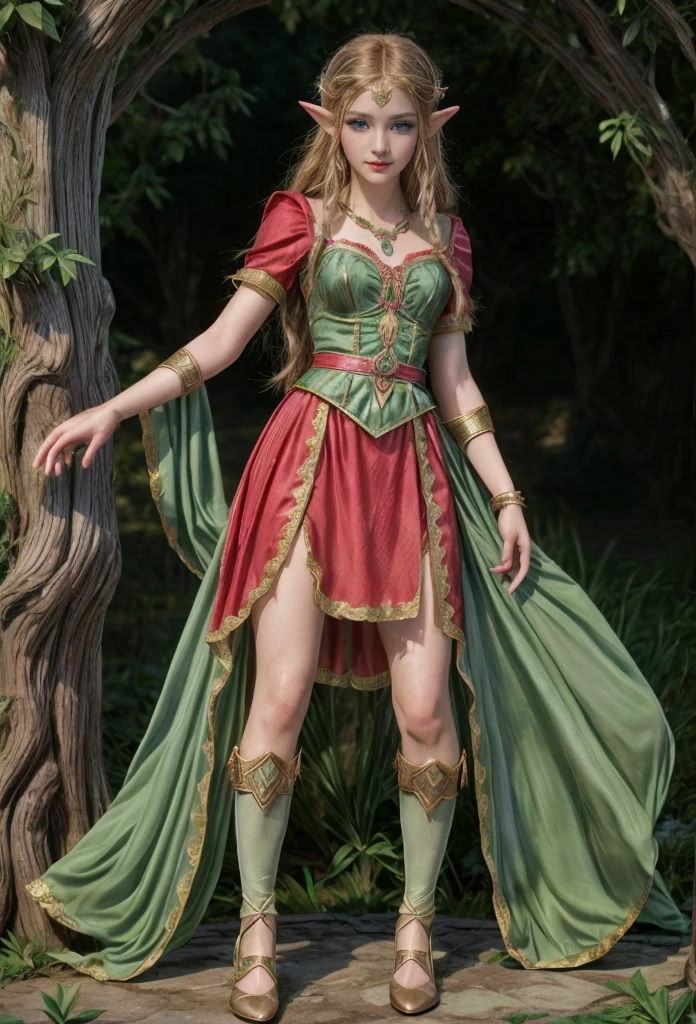 Princes Zelda, blue eyes, (best qualityer, ultra detail), (realisitic:1.37), beautiful and detailed face, ultra-realisitic texture, Exquisite face, Delicate body, red lipgloss stick, shiny colors. High definition, 8k. expression with a slight cute smile