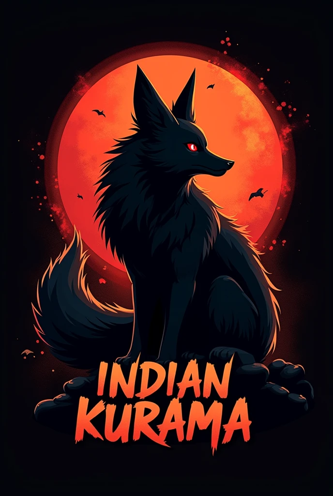Generate a gaming logo for my gaming yt channel name "INDIAN KURAMA" and logo must be carry a nine tails image from Naruto but the fox must be black and have nine tails , and fox must be sitting with his hand closed straight look, Kurama is male so make this logo look like a men's logo
