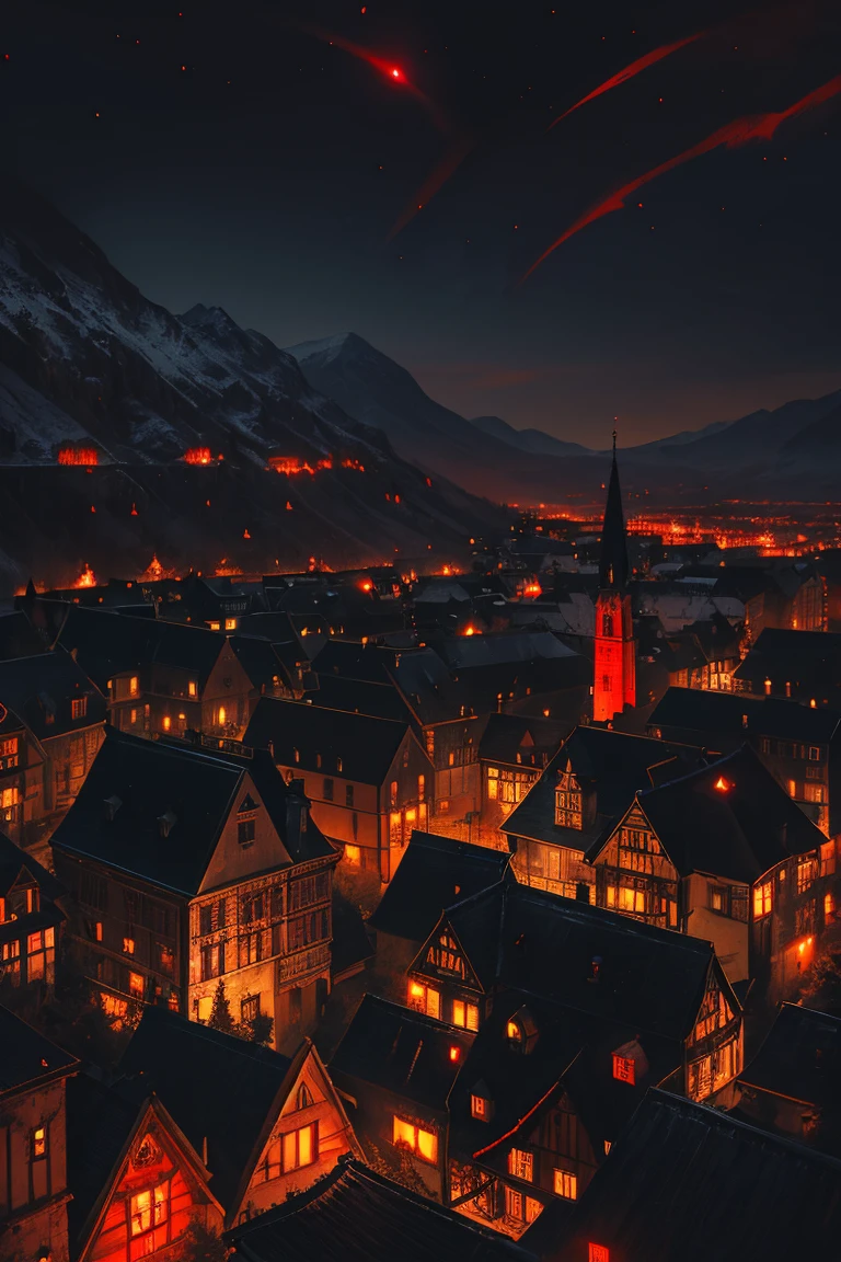 old European village shot with bird view, (Red glowing eyes), masterpiece, Depth of written boundary, Lutz, Gwaites style artwork, Gothic aesthetics, Dark Vampire village, ((in the dark gothic style cathle:1)), ((dark mid-night time:1.5)),