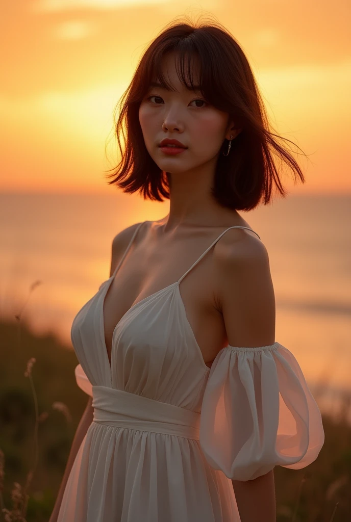 (Best quality, 8k, 32k, Masterpiece, UHD:1.2), NSFW, Photo of Pretty Japanese woman, large breasts, concise bob hair, upper body, face focus, maxi dress, no bra, simple background, cinematic lighting, sunset, from above, looking at the viewer,