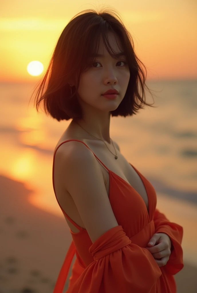 (Best quality, 8k, 32k, Masterpiece, UHD:1.2), NSFW, Photo of Pretty Japanese woman, large breasts, concise bob hair, upper body, face focus, maxi dress, no bra, simple background, cinematic lighting, sunset, from above, looking at the viewer,