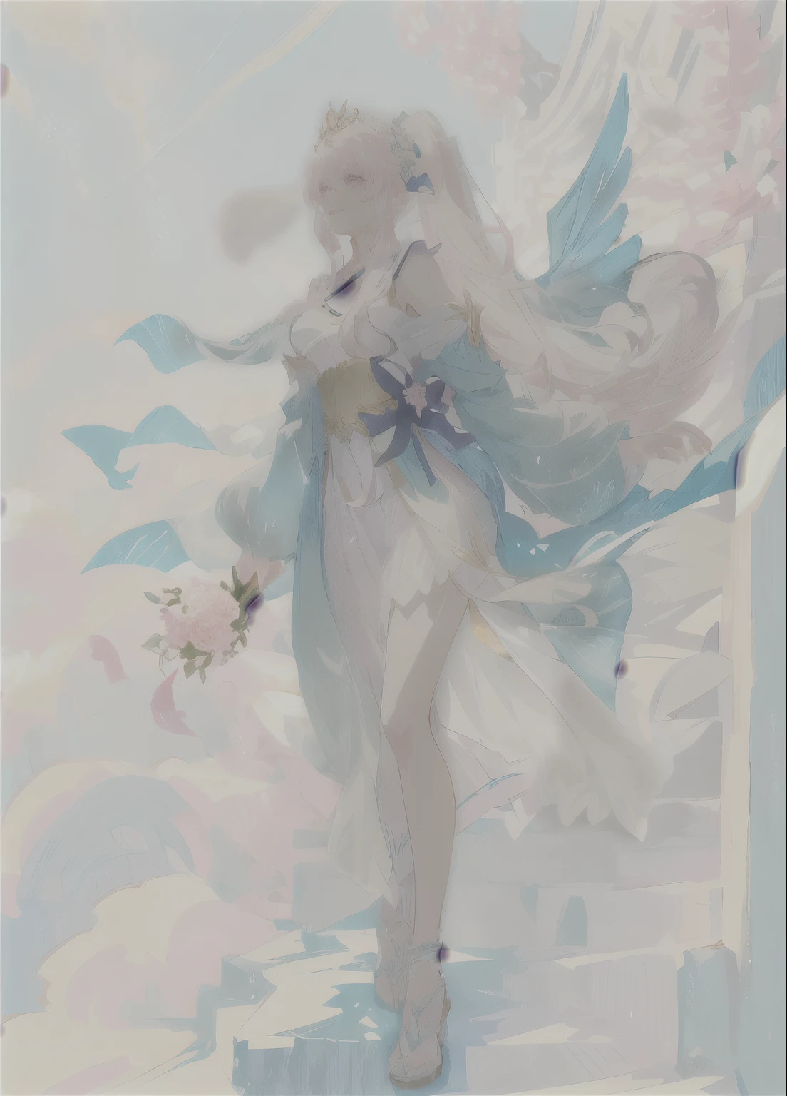 Has long white hair,A character design of a beautiful woman in a pink petal dress,Anime girl with birds flying around, Anime Goddess, White hair double ponytail, Anime fantasy illustration, Beautiful anime artwork, Official artwork with high detail, Beautiful anime art, Japanese Goddess, ((Beautiful fantasy queen)), Beautiful fantasy anime, Beautiful anime portrait, Anime Illustrations, Anime fantasy art piece OC character design, mature woman features, clothing from Shining Nikki with petal wedding dress, cute physique