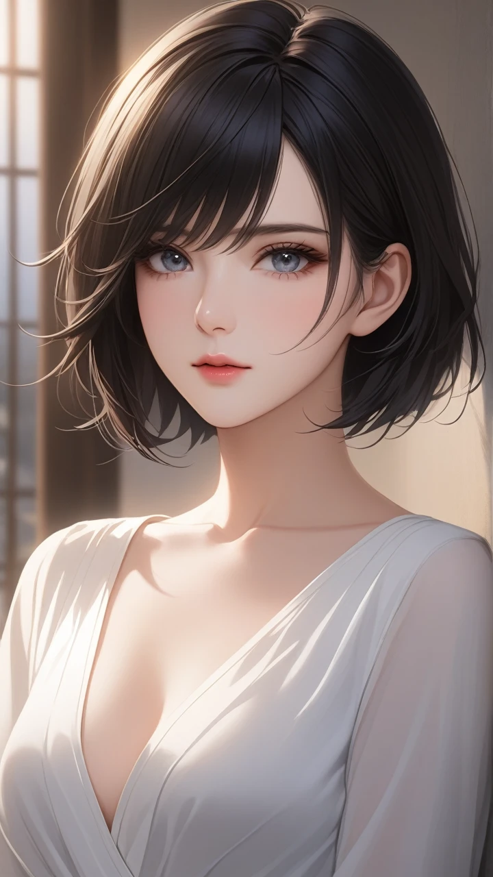 (Top resolution、Distinct_image)top-quality、FEMALES、​masterpiece、ighly detailed、Semi-realistic、Black short hair、Dark hair、grey  eyes、bangss、25-years old、Mature、young、Exquisite facial features、Facial features,closing eye