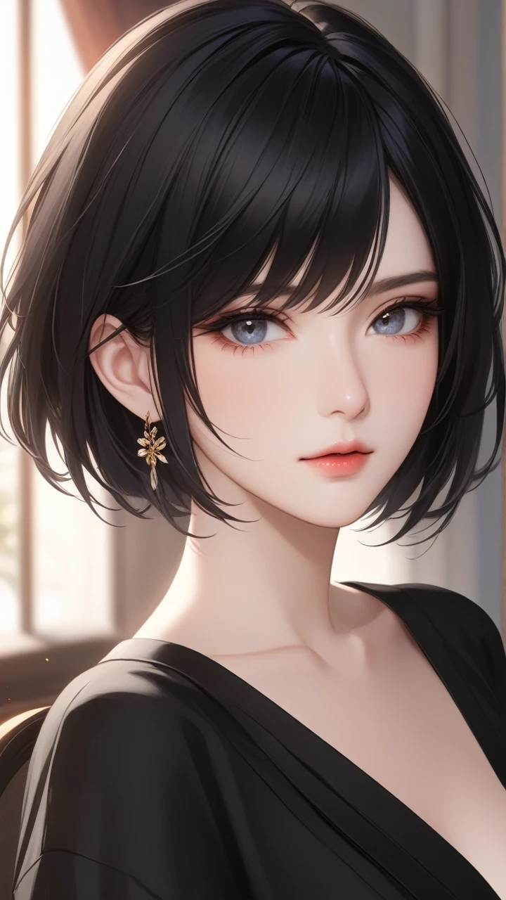 (Top resolution、Distinct_image)top-quality、FEMALES、​masterpiece、ighly detailed、Semi-realistic、Black short hair、Dark hair、grey  eyes、bangss、25-years old、Mature、young、Exquisite facial features、Facial features,closing eye