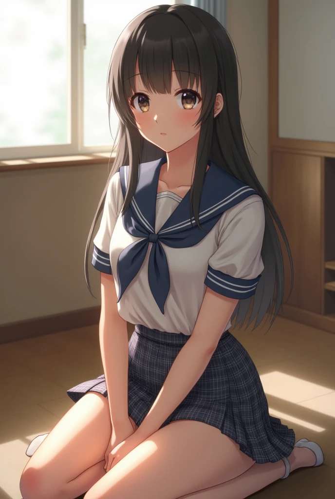 masterpiece、High-resolution live-action、photograph、8k.、Japanese、、short、Please sit down、Show me your underwear、Cute light panties((school uniform、blouse、Check skirt))Spread your legs obscenely、Panties are digging in、Young Face、I&#39;m looking forward to、ばだけたblouseから見える胸
