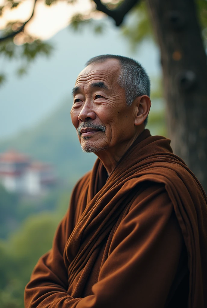 The monk is 45 years old with a square face, thick eyebrows, small nose, cherry lips, small ears, a mole above the right lip, bags under the eyes, a mole at the left corner of the eye, gray hair, and a mustache.