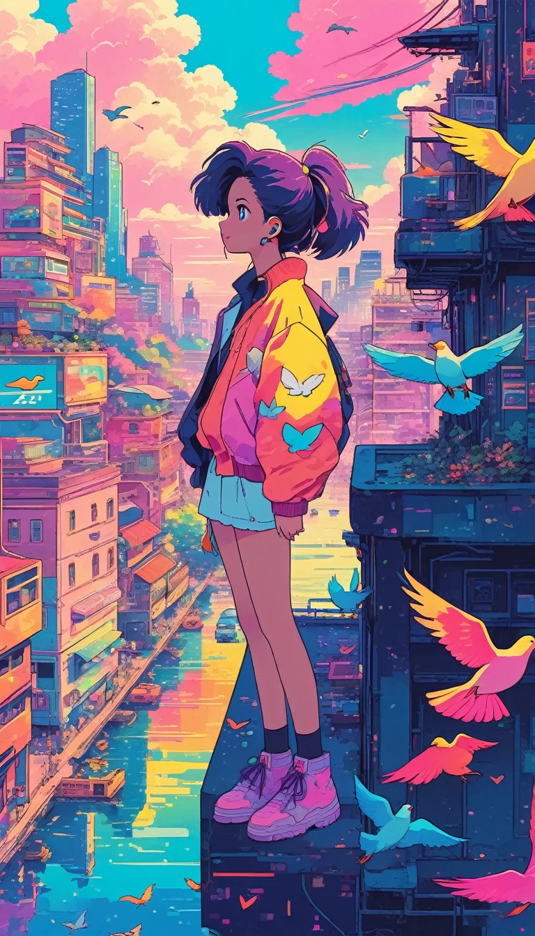 alone, lofi artstyle, lofi art, city, town, 80s anime style, Retro, Lo-Fi, masterpiece, best quality, (extremely detailed CG unity 8k wallpaper), (best quality), (best illustration), (best shadow), absurdres, realistic lighting, (Abyss), beautiful detailed glow, a woman standing on a ledge looking at a city with colorful birds flying around, walking on top of a tiny city, urban girl fanart, colorfull illustration, dreamy colorful cyberpunk colors, colorful illustration, 8 0 s anime vibe, kilian eng vibrant colors, colorful city, inspired by NEVERCREW, vaporwave city, dreamy psychedelic anime, cyberpunk style color, cyberpunk art style