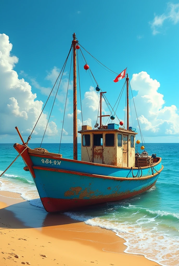 A front view of fishing ship waiting along dock on the beach, a simply decorated deck and cabin.