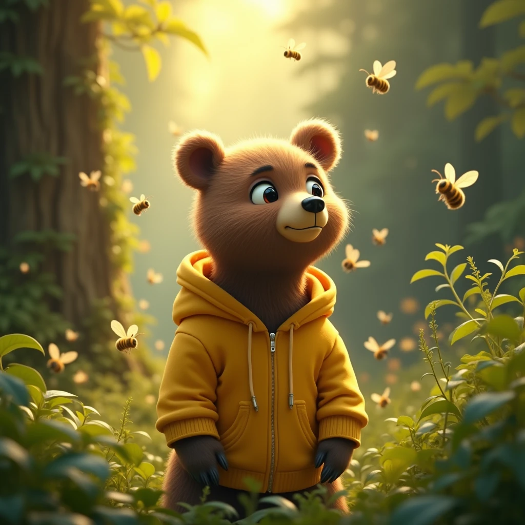masterpiece,Highest quality,Movie stills,A bear, one,bear in the forest,Yellow hoodie、A bear looking up at the sky、Friendly atmosphere、Fresh greenery、beautiful、Honeybees