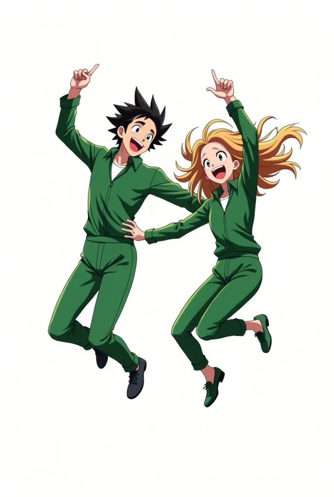 A man and a woman wearing green long-sleeved jumpsuits are jumping.
Anime style.
White background.