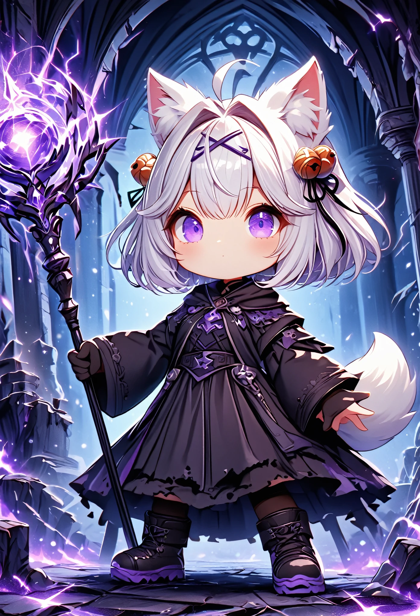 master piece, best quality, ultra-detailed, illustration, midnight, battlefield, gloomy atmosphere, broken castle, broken walls, ruins, purple flames, purple lightning, 1girl, solo, chibi, (big head), cute pose, front view, looking at viewer, ((full body Close up)), chubby, fat, filian, filianoverall, Filiansailor, ((white hair)) , short hair, shoulder length hair, fly-away hair, bangs, hairclip, purple hair ornament, cat ears, (hair bell:1.3) ahoge, purple eyes, closed mouth, smiling, (white fox tail), (black tattered robe), long gown, black arm sleeves, (black gloves) , wielding orbstaff, black stockings, black boots