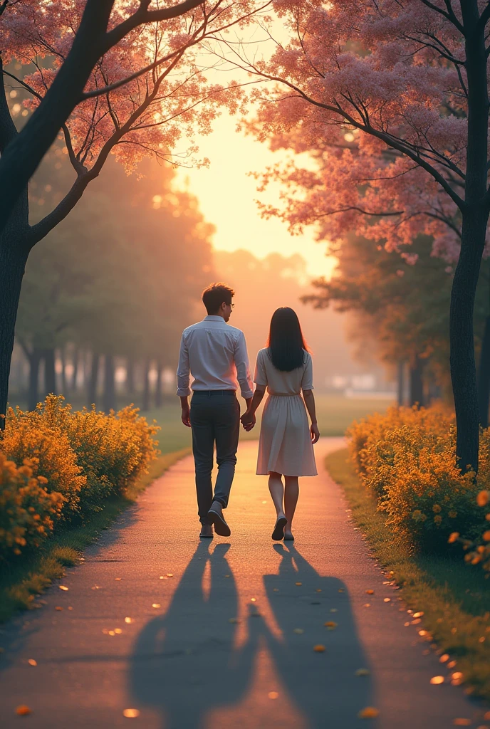 A path through the park. Flowers bloom along the side of the road. It's dusk. A Japanese couple, an 18-year-old man and woman, are walking along the path. The woman is holding the man's hand. They are walking away from the viewer. 