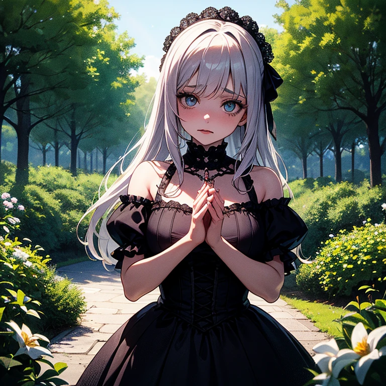 (masterpiece:1.2), (Best quality:1.2), Perfect eyes, perfect face, perfect lighting, 1 girl, Mature gothic woman standing with her hands in front of her, long hair, intricate hairstyle, draw up, black lips, thick eyelashes, sad, Melancholy, in a gothic costume, black and white dress, frill, ribbons, puffy sleeves, bare shoulders, Lacey necklace, Jewelry, peaceful, quiet, cold, detailed outdoor background, Beautiful landscape, Fantasy, summer, Solar, sunburnt, flowers, trees  