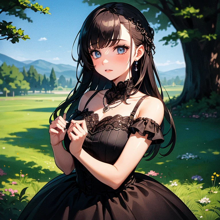 (masterpiece:1.2), (Best quality:1.2), Perfect eyes, perfect face, perfect lighting, 1 girl, Mature gothic woman standing with her hands in front of her, long hair, intricate hairstyle, draw up, black lips, thick eyelashes, sad, Melancholy, in a gothic costume, black and white dress, frill, ribbons, puffy sleeves, bare shoulders, Lacey necklace, Jewelry, peaceful, quiet, cold, detailed outdoor background, Beautiful landscape, Fantasy, summer, Solar, sunburnt, flowers, trees  