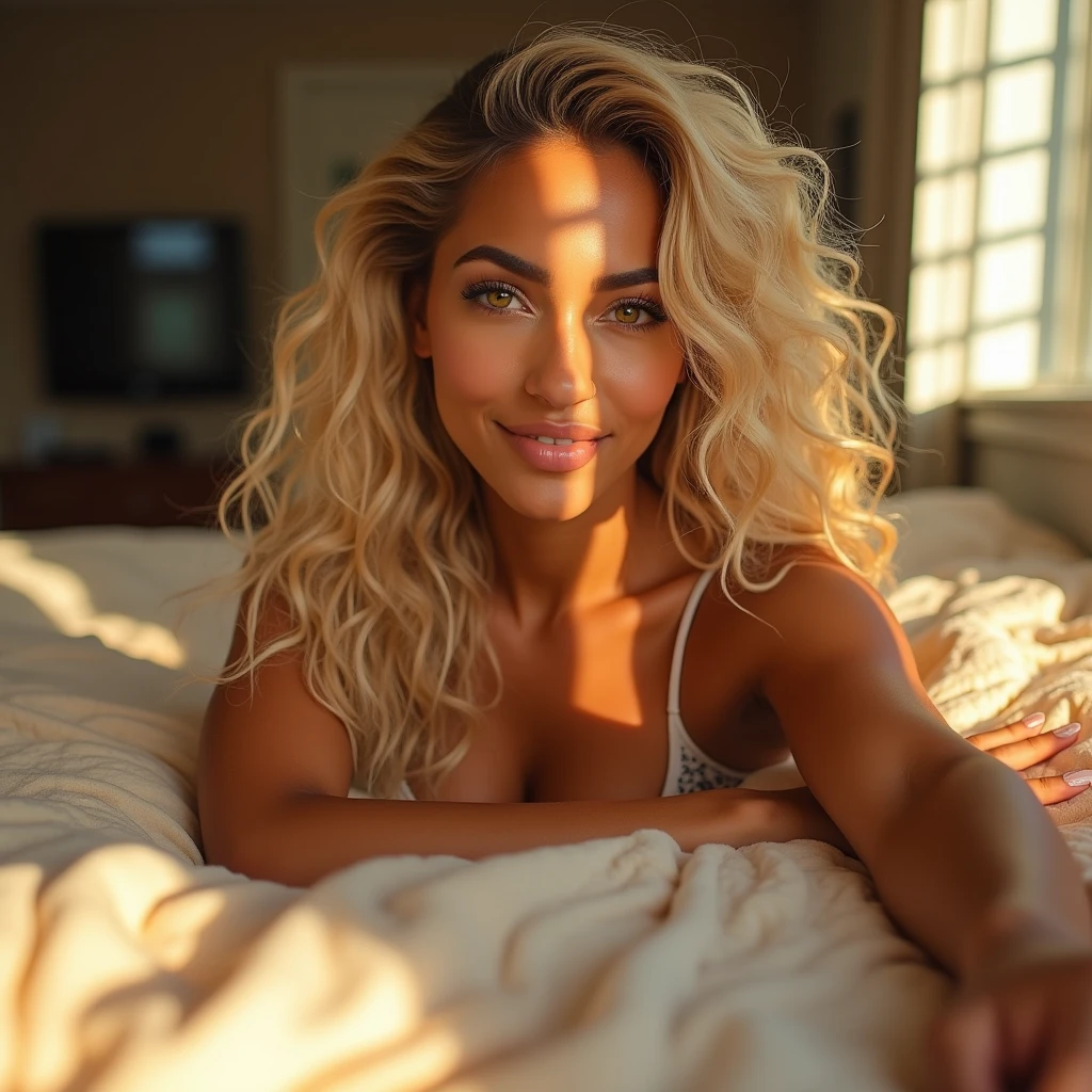 Natural selfie in a beige bed, sitting in a bed Toffee color skin, a beautiful carribean toffee mixed girl, she wears a beige sexy teeshirt , with very long blond curly hair, extremely detailled clear yellow eyes a sexy curvy full body, she have beautiful feet and hand, shehigh quality, 8k, sun