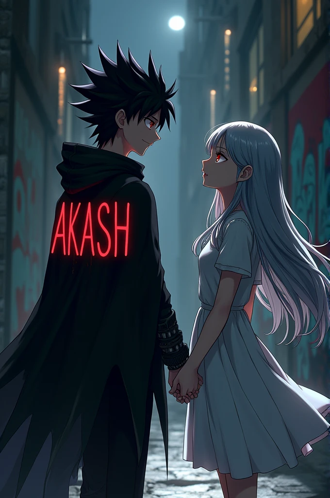 Give me a image of a evil anime boy who wearing a cloth which is written Akash ,who holding hand of a anime girl who wearing a cloth which is written Payal
