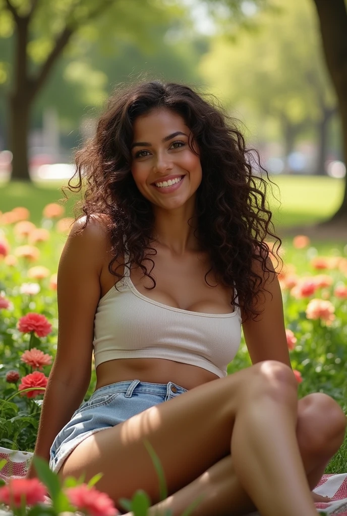 A brunette girl with curly hair and big breasts sits with her legs stretched out, taking a realistic photo