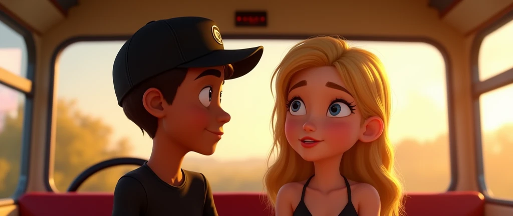 ( male character) a young boy animated film in the Disney Pixar style, high qualiy, best quality , pretty face dark skin, short and straight hair , beautiful eyebrow , wears black shirt , He's wearing a cap backwards on his head,  this is with your friend, from beside , A female character in Pixar movie style , body of ager character long blonde hair with beautiful shine delicate face blue eyes White red lips blushed by the Sun beautiful dress , are inside a bus, In the wilderness 
