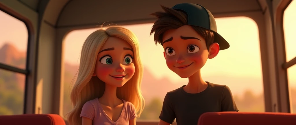 ( male character) a young boy animated film in the Disney Pixar style, high qualiy, best quality , pretty face dark skin, short and straight hair , beautiful eyebrow , wears black shirt , He's wearing a cap backwards on his head, this is with your friend, from beside , A female character in Pixar movie style , body of ager character long blonde hair with beautiful shine delicate face blue eyes White red lips blushed by the Sun beautiful dress , are inside a bus, In the wilderness