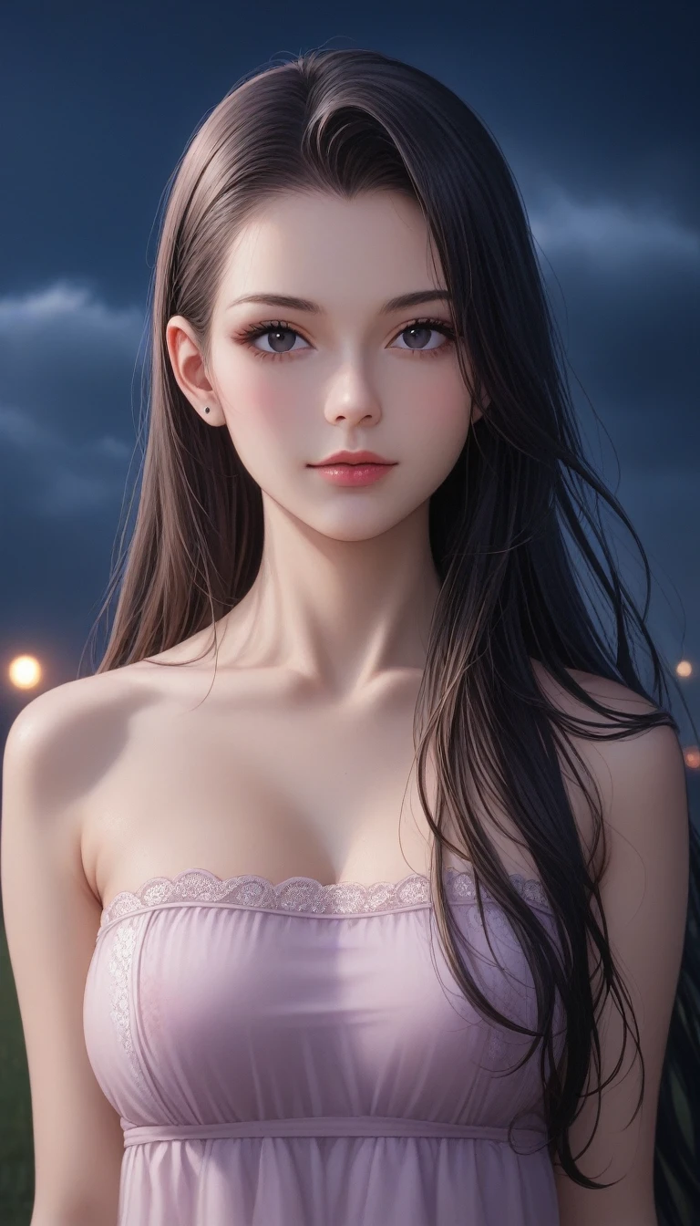 score_9, score_8_superior, score_7_superior, High-resolution CG illustration,A masterpiece in 32K resolution,Highest quality,it is really amazing,Very detailed,Ultra-high resolution,Ultra-realistic,Realistic,Increased depth of field,Cinematic lighting,
Sexy mature Japan woman,
Glossy black hair,Straight Long Hair,Showing his forehead,god々Beautiful,Ultra-detailed and beautiful face,Sensual look,Beautiful dark brown, moist eyes,Pitch black eyes,Glowing, moisturized skin,Translucent white skin,born々New skin texture,Great proportions,
Sexy summer resort dress,
Design with a deep slit,Pastel-toned chic color scheme,詳細なborn地の質感,
A dark and blurry night background,Dark overcast sky on a dull night,Dark clouds filling the sky,Thundercloud,Coastline at night,Stormy seas,delay々A desolate sandy beach that continues,
Cinematic Angle,