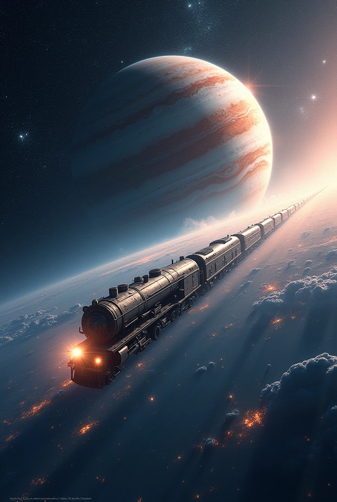 Vast space, an ancient train through time and space, out of the Earth to the universe, full of mystery and fantasy atmosphere. The body of the train is made of a silver metal alloy, shining with a silver light, as if it can break through the boundaries of time and space. Beside the train is a huge Jupiter, and in the background is a vast and dreamlike cosmic sea of stars. Only the train is in the picture, no train tracks, fantasy atmosphere, sci-fi, posters, movie-level lighting effects, fantasy engines, surreal, ultra-detail, 16K
