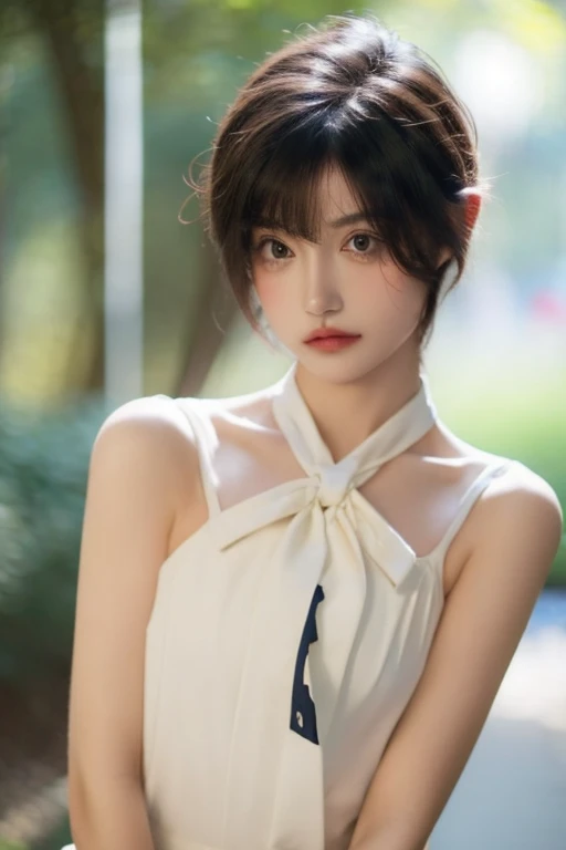 Girl, naked, Skinny body, small bust, short hair, Very curly, very detailed face, ribbon on his neck, standing,