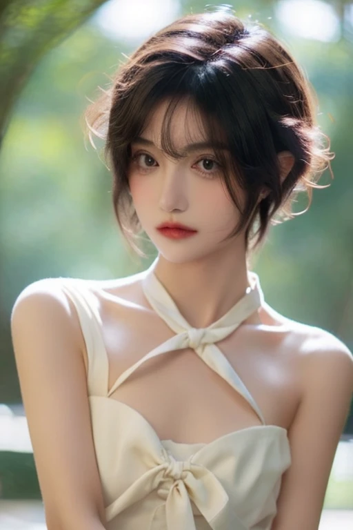 Girl, naked, Skinny body, small bust, short hair, Very curly, very detailed face, ribbon on his neck, standing,