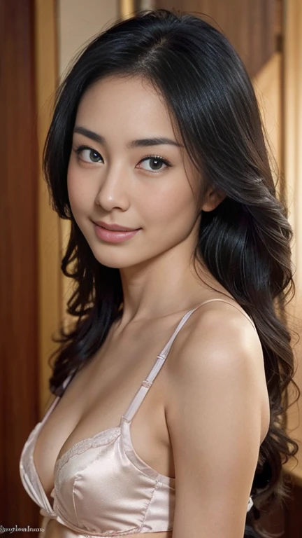 Gentle portrait of a beautiful Asian woman, flowing hair, captivating blue eyes, delicate features, radiant smile, natural makeup, elegantly dressed, small round breast, (Deep V Satin Silk Bra)),gentle expression, slight blush, warm skin tones, fantastic lighting, soft shadows, high-resolution digital painting, realistic style, artistic interpretation, by a skilled portraitist.