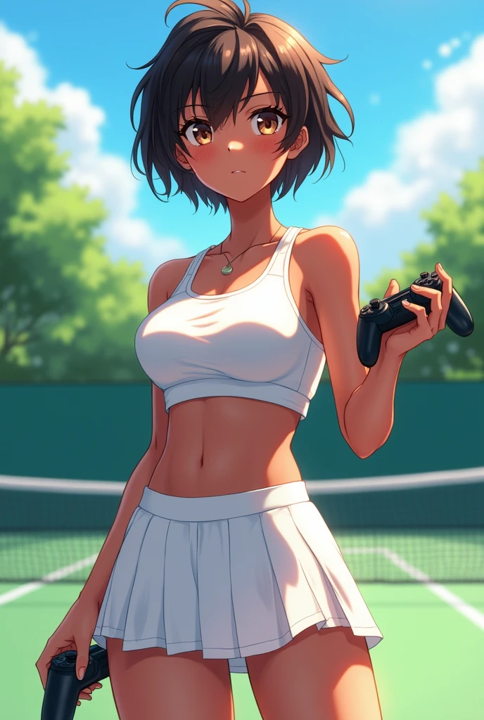 a pretty, busty anime girl in tennis outfit playing video game, 1girl, breasts, skirt, solo, dark skin, huge breasts, tennis uniform, short hair, looking at viewer, dark-skinned female, covered nipples, brown eyes, bangs, navel, bare shoulders, pleated skirt, thighs, white skirt, outdoors, blush,Wolf Cut tennis Girl tennis wear boyish ,shiny skin