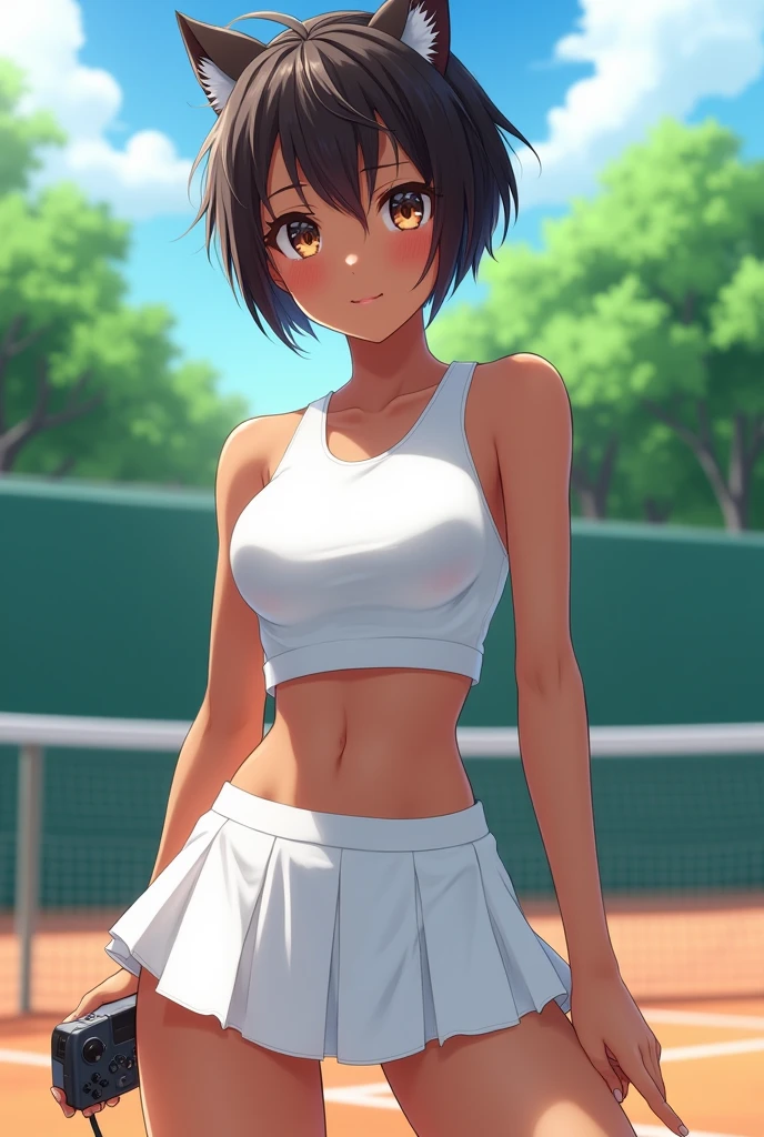 a pretty, busty anime girl in tennis outfit playing video game, 1girl, breasts, skirt, solo, dark skin, huge breasts, tennis uniform, short hair, looking at viewer, dark-skinned female, covered nipples, brown eyes, bangs, navel, bare shoulders, pleated skirt, thighs, white skirt, outdoors, blush,Wolf Cut tennis Girl tennis wear boyish ,shiny skin