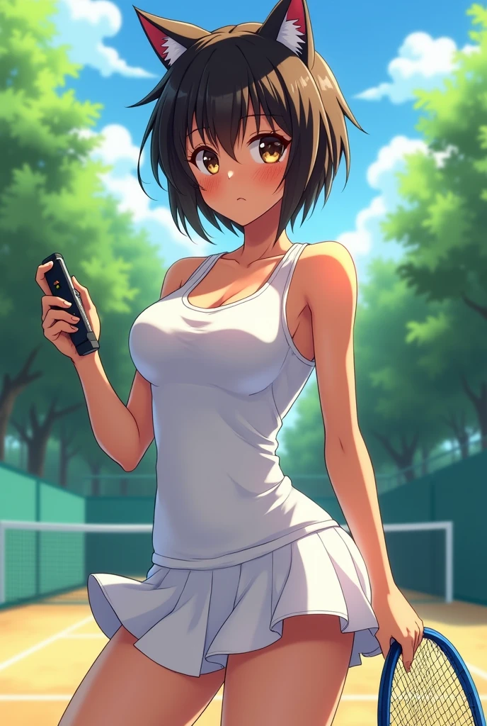 a pretty, busty anime girl in tennis outfit playing video game, 1girl, breasts, skirt, solo, dark skin, huge breasts, tennis uniform, short hair, looking at viewer, dark-skinned female, covered nipples, brown eyes, bangs, navel, bare shoulders, pleated skirt, thighs, white skirt, outdoors, blush,Wolf Cut tennis Girl tennis wear boyish ,shiny skin