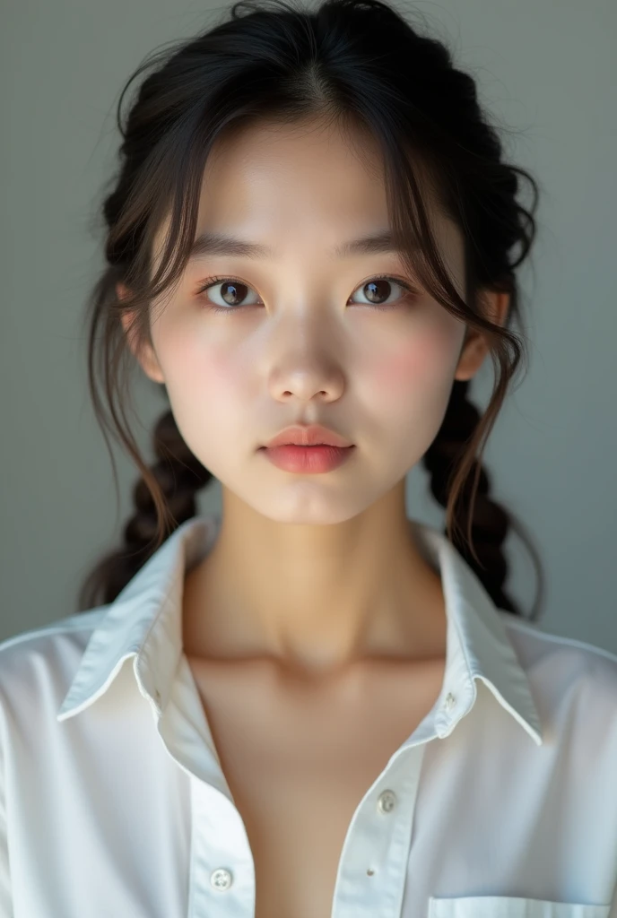 Professional Lighting,squat,Staring at the photographer,A close-up of a girl with her hair braided, The front of his white shirt is open,Cleavage,Cute young girl, Young and adorable Korean face, Young Asian, Beautiful girl, 
