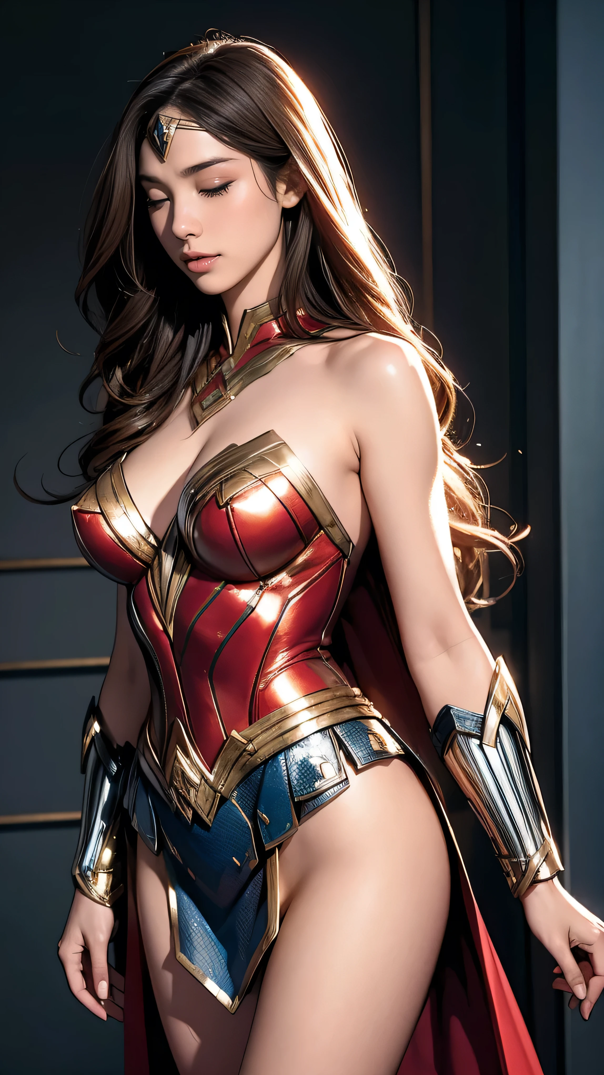 (Highest quality,4K,High resolution:1.2),Very detailed,(Realistic:1.37),Beautifully structured scenes,Dramatic lighting, Wonder Woman from a close-up shot in DC, Twisted space, twisted undead in the background,lens blur,Light Shaft, intricate and complex details, Volumetric lighting, 4K Rendering, Stock Photo, hyperRealistic texture, HDR lighting effects, Unreal Engine,SHY SMILE,Standing gracefully、Blonde long hair、Long hair that reaches down to the toes、Undressing the Costume、Shyly undressing、They are saying they don't want you to see it.、Embarrassing、I want to take it off、Undressing、Undressing only the upper body、Undressing while hiding your chest、Nipples、Nipples are slightly visible、Half naked、Half-naked state、Embarrassing、Eyes closed、Hiding her chest、Hiding her chest with one hand、They are wearing Wonder Woman's tiara、They are also wearing bulletproof greaves、They are also wearing bulletproof hand guards