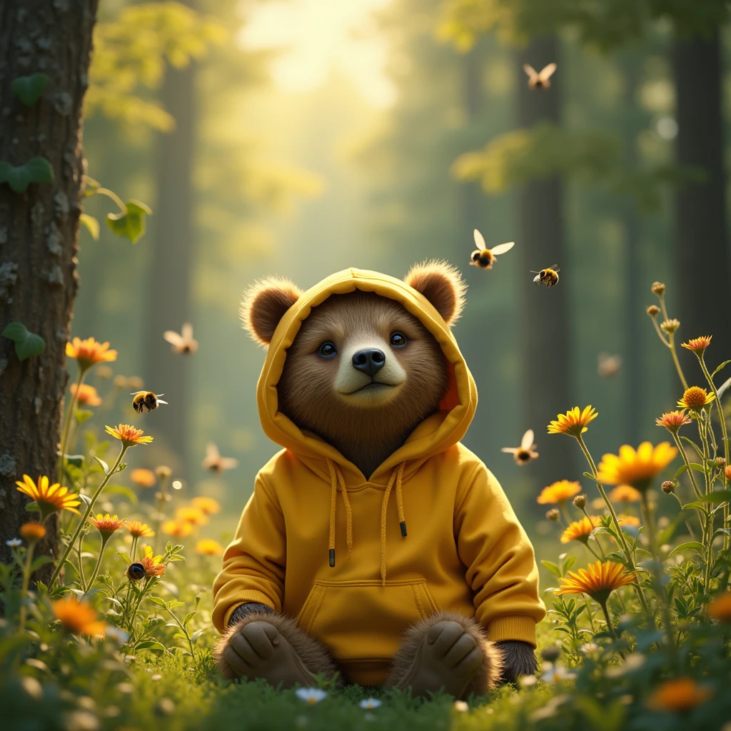 masterpiece,Highest quality,Movie stills,A bear, one,bear in the forest,Yellow hoodie、Friendly atmosphere、Fresh greenery、beautiful、Honeybees、insect net