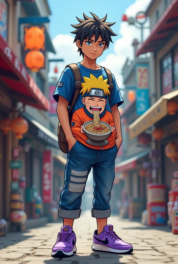 Human, slightly long hair, a t-shirt with Naruto eating ramen, height 165, Nike purple sneakers