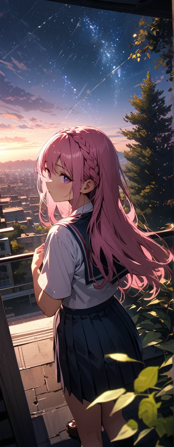 , (beautiful girl: 1.3),1girl,masterpiece, Highest quality, Ultra-high resolution,Rich contrast,super high quality,8k,Highly detailed CG unit wallpaper,texture,Incredibly absurd,Ultra-high resolution,RAW Photos,Depth of Field 1.2,Beautiful starry sky,overlooking,(magnificent panorama view:1.3),(High School Uniform&Pleated skirt:1.5),Pink Hair,Crown braid,Ultra-detailed eyes,loafers,leaves dripping with rain,sunlight through trees,post-rain aroma