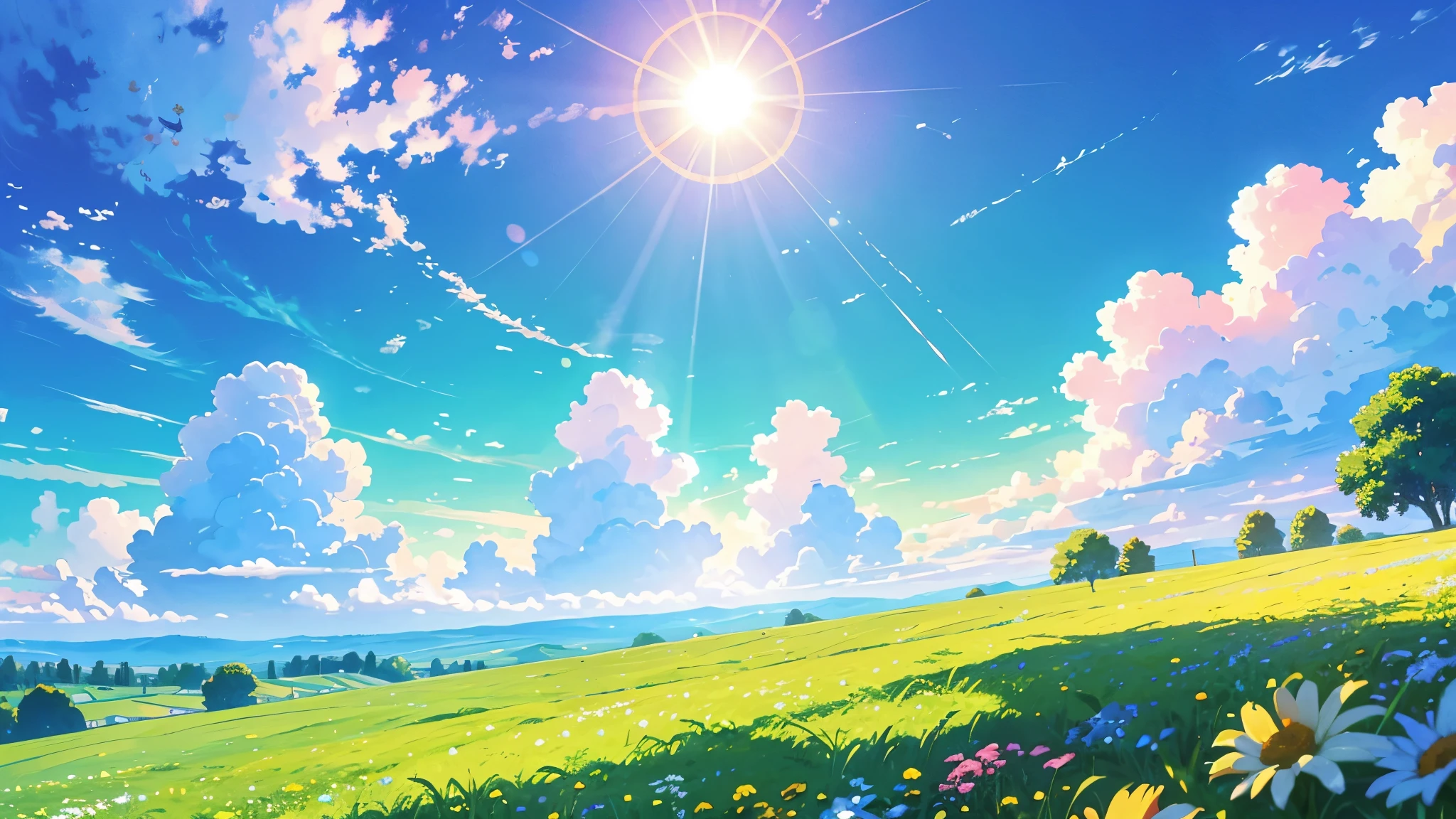 clear blue sky filled with soft white fluffy clouds reflects the warm hues of the sun , with bright green meadows., The scene was calm., Multicolored flowers,The sun's rays filter , Forging a warm, fiery nature,golden clouds, summer day, realistic, High quality images, 8k, Highly detailed, perfect precision, perfect composition, elegant and charming, Realistic style, Warm colors, soft shadow, Sharp details , HD quality , Higher lighting style, view under the tree look a mountains, in front of the beautiful blooming grassland, bright colors, good weather,Bright colors, beautiful blooming flowers