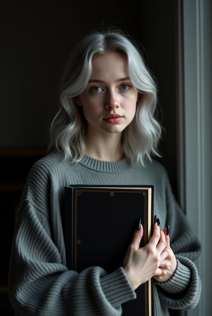 Beautiful girl with white skin, light gray hair, with bright shining eyes, Shiny skin, Beautiful черный маникюр, Beautiful nails, pearl skin, in a dark gray voluminous sweater, Beautiful detailed fingers, professional photo, 4K, a high resolution, high detail, aesthetically pleasing, Beautiful, realistic, standing straight, looks straight, beautiful long nails, holding a book against the backdrop of a dark living room.