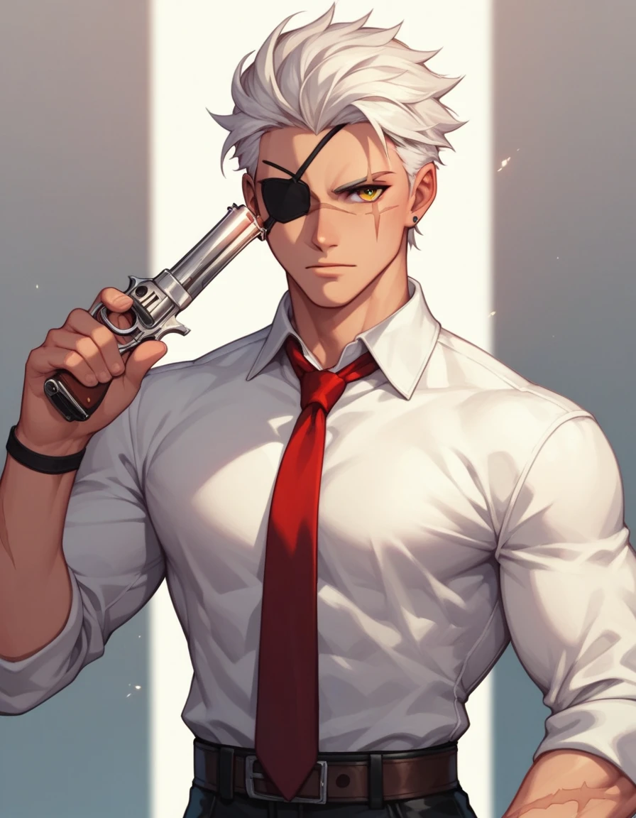 Human Male Assassin , white hair ,yellow eye ,eye patch, white shirt ,red Tie  ,scar on eye , Holding a revolver