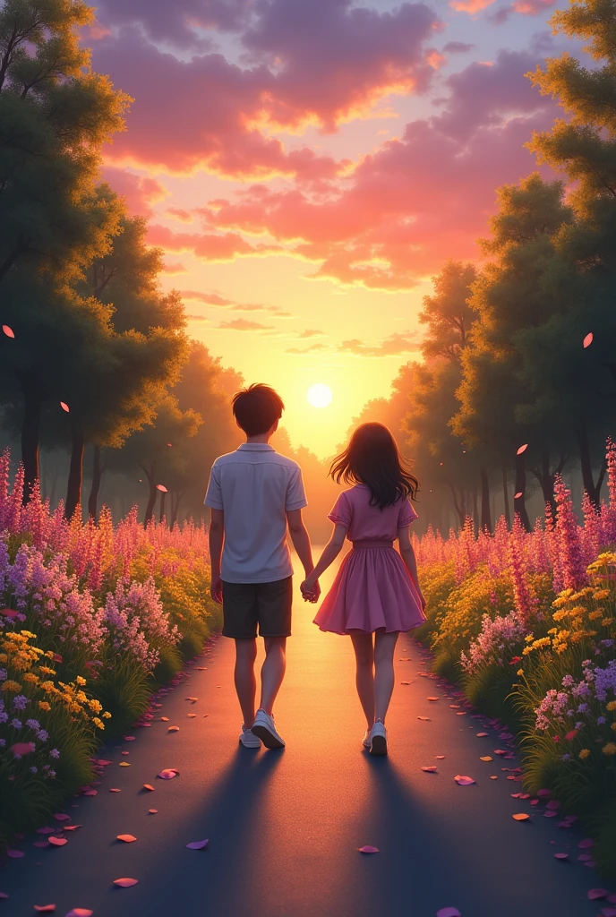 Road in the park, flowers on the roadside, dusk, the sky is beautiful, walking on the road, Japanese, 18-year-old male and female lovers, lovers holding hands, back view
