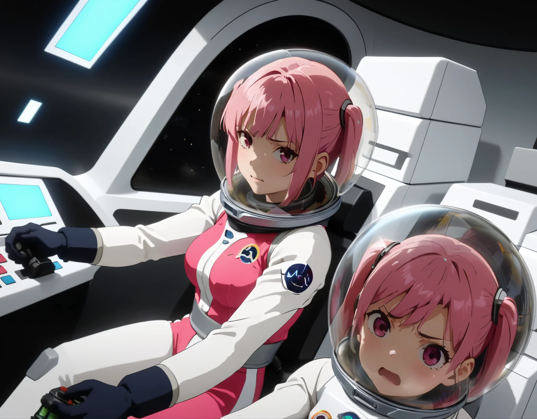 eva helm, spacesuit , astronaut), , pink hair, bubble helmet, space helmet, (1girl:1.1) wearing a (spacesuit:1.15), white cargo pants, (ugh, wtf do these buttons do:1.3), inside the cockpit of a (futuristic spaceship:1.1), sitting in the captains chair, (intricate control panels:1.3), (gleaming metal:1.1), surrounded by many buttons and dials and gauges, (confused:1.3), (worried expression:1.1), (nervous:1.1), concerned, beautiful 8k wallpaper, highly advanced, (sleek design:1.3), intricate, highres, superb, 8k wallpaper, extremely detailed, intricate,  from behing