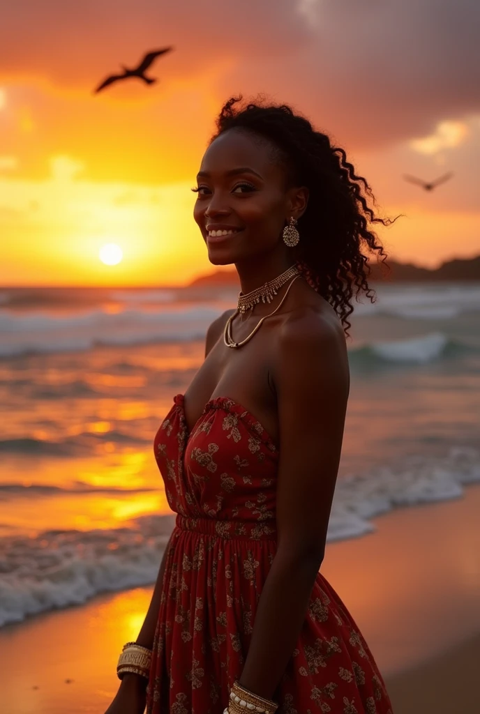 africaine a la plage,soleil couchant,le regard face a nous