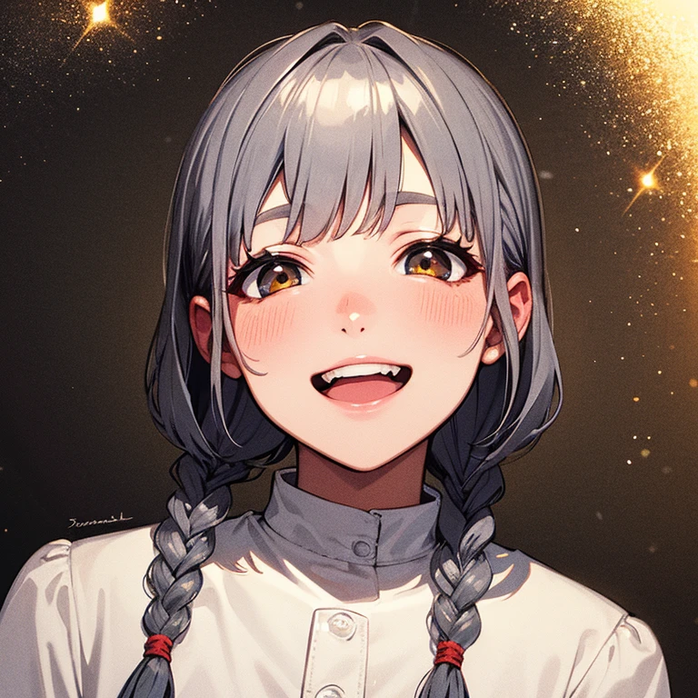 top quality, high image quality, masterpiece, gray hair, Golden eyes, white clothes, Looking up, upper body, Strands of hair, bright skin, side braids, smiling, Double teeth